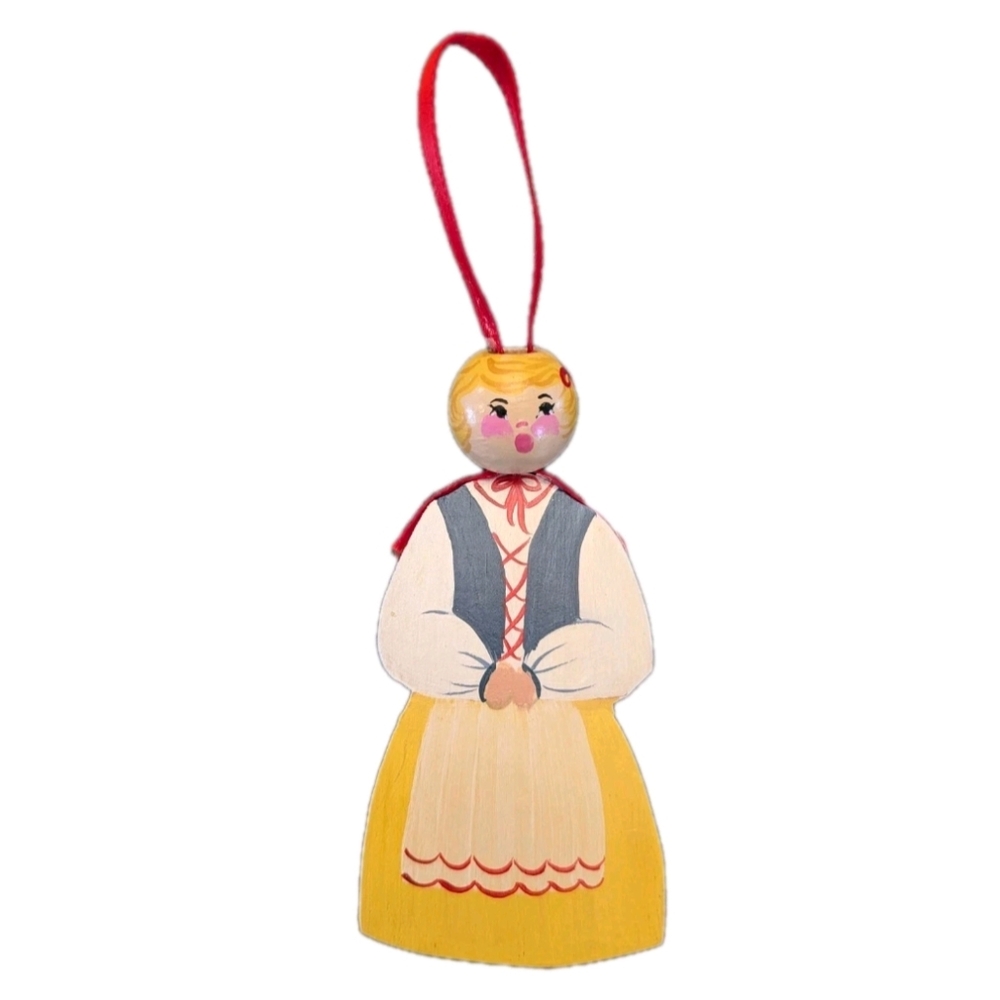 Vintage Wooden Folk Art Ornament Hand Painted Woman in Traditional Dress